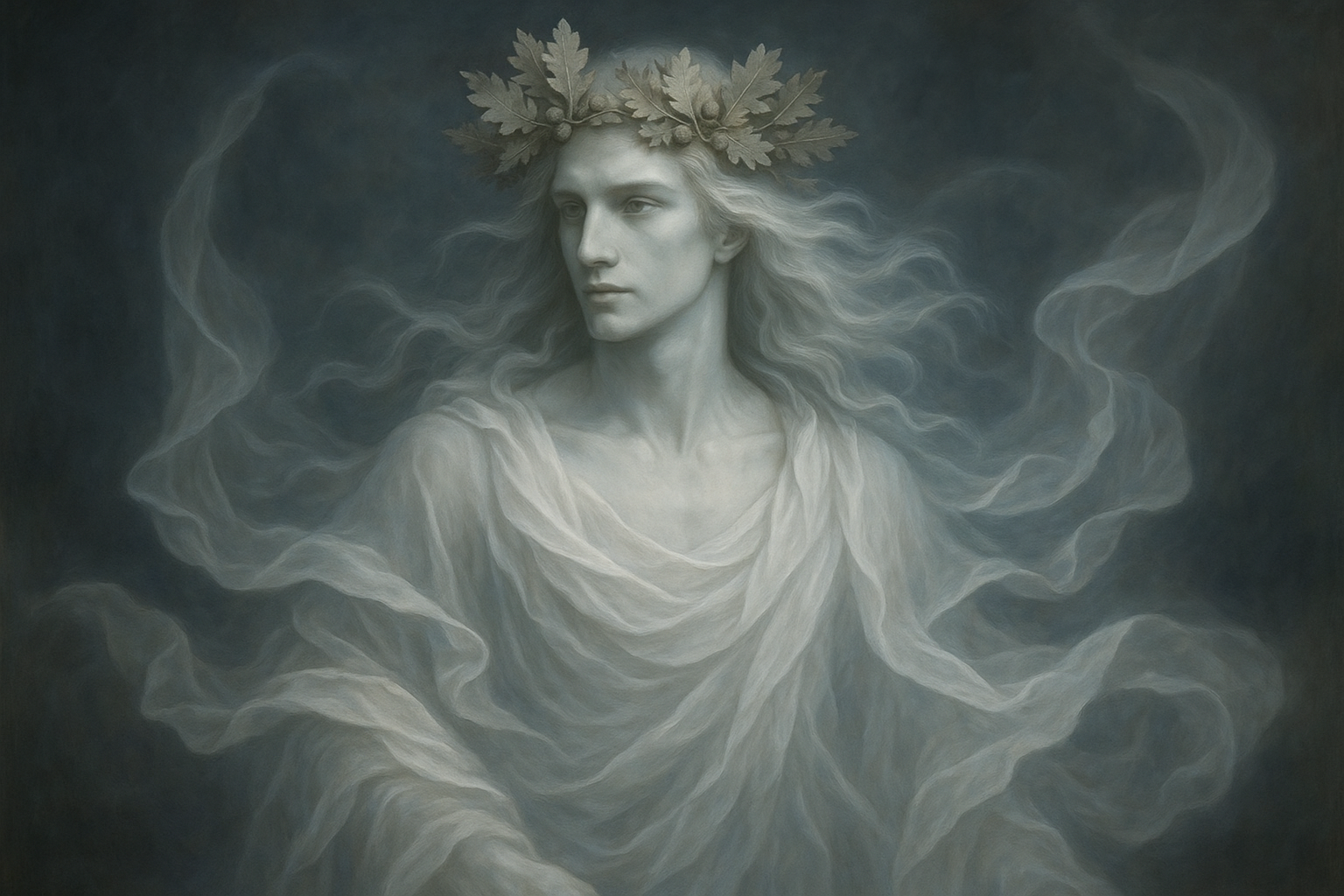 with a oak crown white cloth around his body and fair a man without body but with long hairs